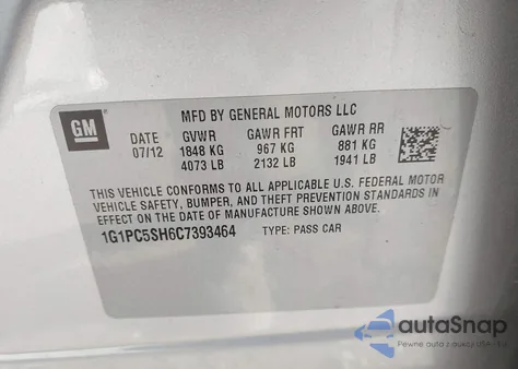 2012 Chevrolet Cruze Ls from USA, damaged, VIN 1G1PC5SH6C7393464